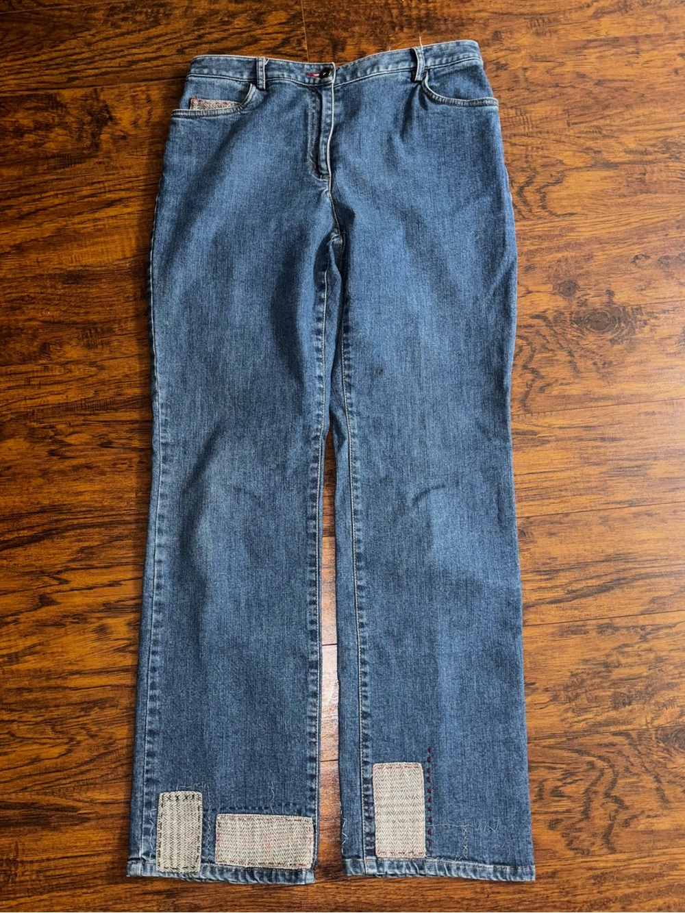 Susan Bristol Patchwork Jeans Vintage Style Embroidered Stretch Cotton Wide Leg